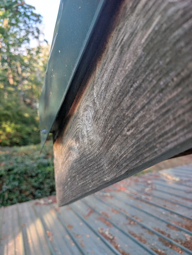 Gap under the metal roof edge of a cabin on Eliza Island where bats were getting in